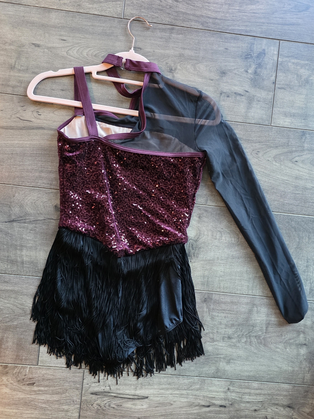 Jazz Dance Costume - Burgundy Sequin One-Piece with Black Fringe (XSA) - Picture 2 of 2